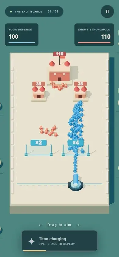 Crowd Siege battlefield and Titan controls at a mobile screen size.