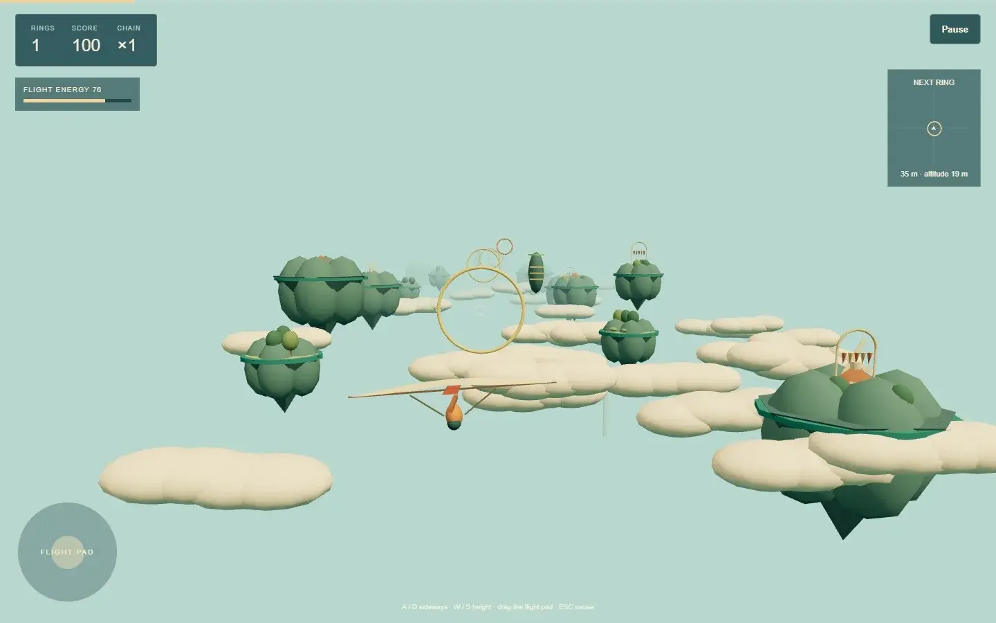 The cloth glider approaches a gold ring among floating orchard islands.