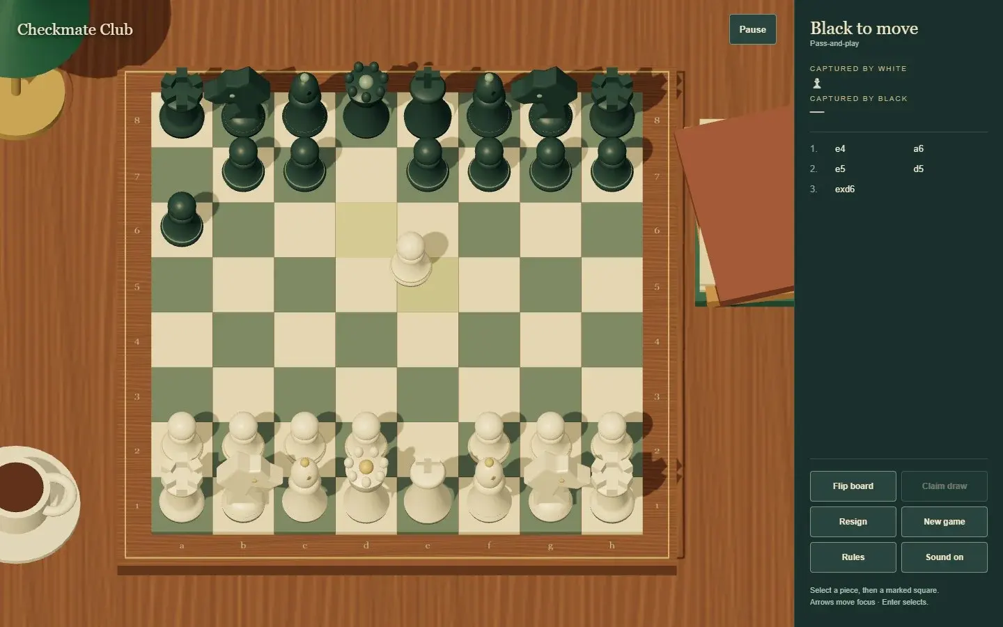 Checkmate Club sculpted board and move history after a legal en passant capture.