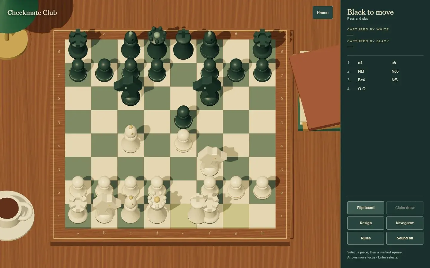 Checkmate Club flipped board and move history after kingside castling.