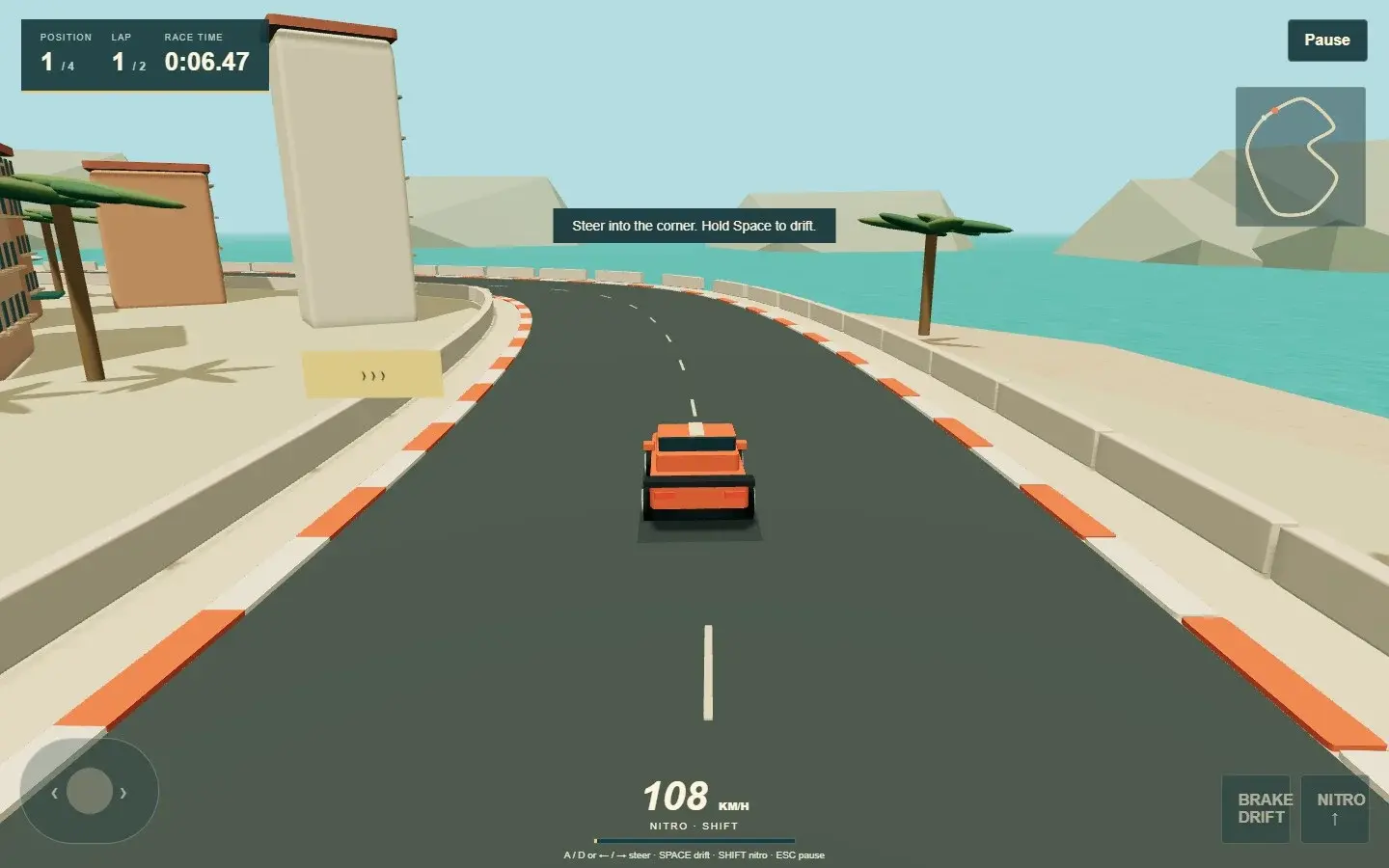 The coupe races another coastal circuit with lap and position controls visible.