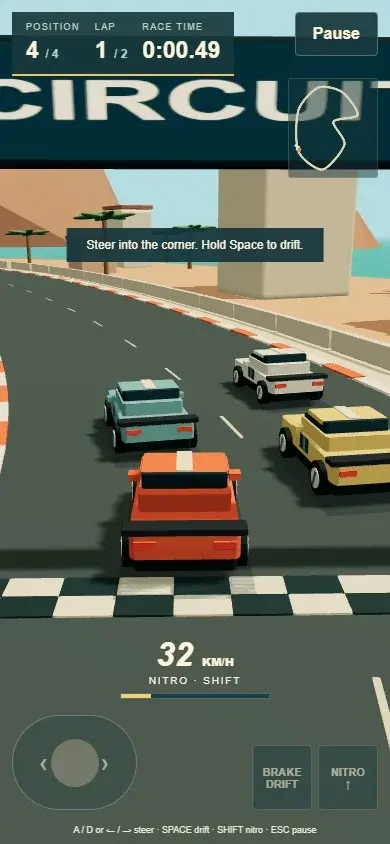 Circuit Drift race, steering pad, Drift and Nitro controls at phone width.