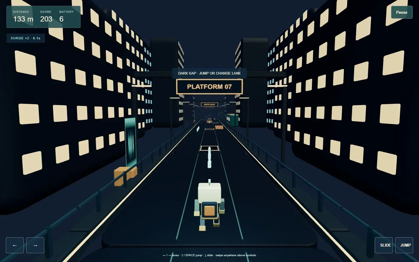 The courier robot runs toward a night-station barrier and battery trail.