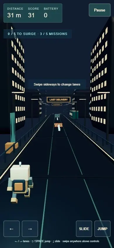 Metro Pulse three-lane run and labeled jump/slide controls at phone width.